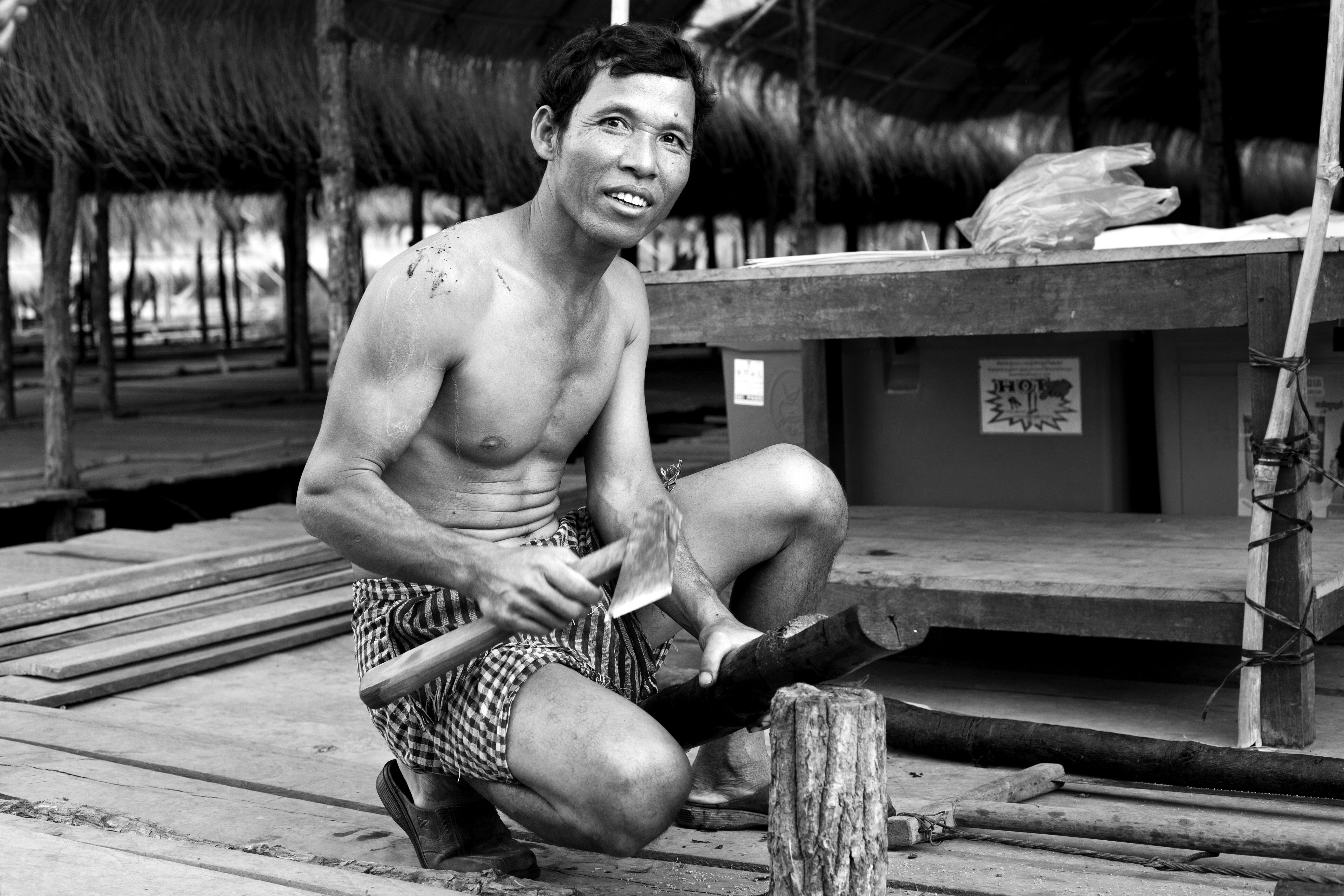 Homme Kompi Kratie village flottant Noir&Blanc portrait Cambodge 